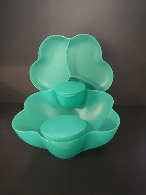Tupperware Chip 'N Dip Large Teal Green Serving Set w/ Cover & 2 Dip Bowls